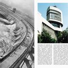 Text: „The Sixth Settlement. Dnipro Center. 251.“  
Links: Große Staumauer mit fließendem Wasser.  
Rechts: Modernes Gebäude mit runden Fenstern, umgeben von Bäumen.