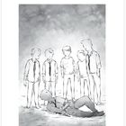 Seite 37 unten. Eine Gruppe von fünf Menschen steht, während eine Person am Boden liegt. Schwarz-weiß Illustration.