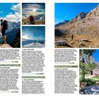 Texte wie "LOKALE PRODUKTE", "GIPFEL TROPOJA E VJETËR", "HÖHLEN & GROTTEN". Bilder von Landschaften und Wanderern in Bergregionen.