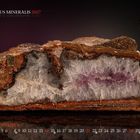"MUNDUS MINERALIS 2027", "Achat, Amethyst", "NOVEMBER". Ein Querschnitt eines Gesteins mit violettem Streifen auf schwarzem Hintergrund.