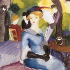 Eine impressionistische Szene: Frau in blauem Kleid und Hut im Grünen, umgeben von weiteren Menschen und einem Tisch.