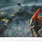 November. Ein Zwerg mit roter Mütze und Korb geht auf einem Pfad; im Hintergrund ein Wagen, neblige Stimmung.