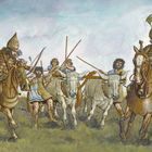 Illustration: Krieger auf Pferden greifen Hirten mit Ochsen an. Die Szene ist dynamisch und historisch anmutend.