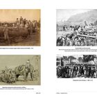 Links oben begutachtet General Charlemagne Dorner eine riesige indische Kanone. Rechts oben Küstenbatterie in Shimonoseki.