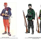 Links: Soldat mit roter Kappe und Hose, 1869. Rechts: Sachse und Preuße mit Gewehren, grüne Uniformen. Illustrationen.