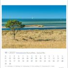 11|2027 Ostseeküste. Kalender mit maritimer Landschaft: grüne Wiese, einsamer Baum, blaues Meer, Segelboot am Horizont.
