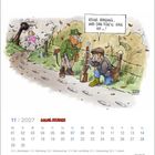 Sprechblase: „Keine Ahnung, was das für’n Vieh ist...!“ Zwei Jäger, ein Läufer im rosa Anzug, Herbstlandschaft.