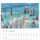11 | 2027 Nordlichter. Ein Kalenderblatt mit Möwen auf Pfählen vor mehreren Leuchttürmen. Im Hintergrund Schiffe.