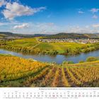 "Die Mosel von Trier bis Koblenz" zeigt eine malerische Flusslandschaft mit Weinbergen im Herbst. Unten ist ein Kalender.