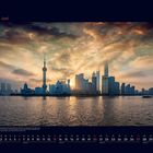06 Juni. Eine Silhouette von Shanghais Skyline bei Sonnenuntergang. Kalender mit Datumsangaben unten.