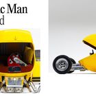 1982 Pac Man Rod. Gelbes Auto in Pac-Man-Form, Motor eines Buick V-6. Innen rote Sitze, Pac-Man-Spielbrett sichtbar.