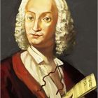 Text: "Antonio Vivaldi 1678 - 1741." Porträt eines Mannes mit weißer Perücke und rotem Mantel, hält Notenblatt.