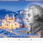 Mozart-Stadt Salzburg, Österreich. Mozart City Salzburg, Austria. Illustration von Mozart vor Winterlandschaft mit Gebäuden.
