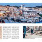 Texte: 
- Café Sénéquier: Beschreibung und Adresse.
- Hafen: Historische Infos und Bedeutung.
- Musée de l'Annonciade: Geschichte des Museums.

Bildbeschreibung:
- Fischerboote und Yachten im Hafen, viele Menschen und Gebäude im Hintergrund. Eine Person spielt Pétanque.