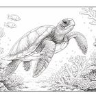 Eine detaillierte Illustration zeigt eine Meeresschildkröte, umgeben von Korallen und zwei Fischen, in einer Unterwasserszene.
