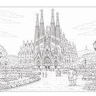 Eine detaillierte Illustration einer beeindruckenden gotischen Kathedrale in einem Park mit Menschen und Lampen.