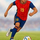 Die Zahl "19" auf rotem Trikot. Eine Illustration eines jungen Fußballspielers, der dynamisch am Ball dribbelt.