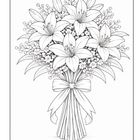 Eine Illustration eines Blumenstraußes mit Lilien und Bändern, kunstvoll angeordnet.
