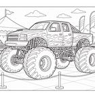 Illustration eines Monstertrucks mit Flammenmuster, großen Reifen, umgeben von Fahnen und anderen Fahrzeugen.