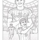 Nummer "19". Drei Figuren eines jungen Fußballers: posierend, dribbelnd und Trophäe haltend im Stadion.