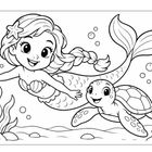 Illustration einer fröhlichen Meerjungfrau mit Zöpfen und Seestern im Haar, schwimmend neben einer lächelnden Schildkröte.