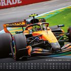 Rechts unten: "4 | Lando Norris | GBR | 13.11.1999 | McLaren 11". Kalender zeigt Monatstage. Formel-1-Auto auf Rennstrecke.