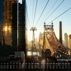 Ed Koch Queensboro Bridge, 11. Kalender mit Daten unten. Skyline bei Sonnenuntergang, Brücke und Hochhäuser im Sonnenlicht.