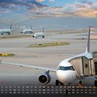 Kalender für November: Ein Flugzeug dockt an einem Gate an, während andere auf dem Rollfeld warten, blauer Himmel.