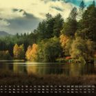 Kalenderdaten für November, darunter ein ruhiger See in einem herbstlichen Wald mit buntem Laub und bewölktem Himmel.