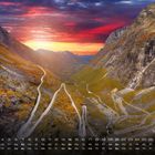 Kalender mit Tagen unten, "Trollstigen" und "11". Eine kurvige Straße schlängelt sich durch ein dramatisches Gebirgstal im Sonnenuntergang.