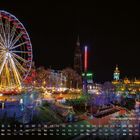 "Weihnachtsmarkt - Edinburgh 12." Ein Riesenrad und beleuchtete Gebäude bei Nacht. Unten ein Kalender mit Daten und Wochentagen.