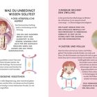 Text links: "WAS DU UNBEDINGT WISSEN SOLLTEST", "DER KÖRPERLICHE ASPEKT", "DIE GLYPHE", "ZWILLINGSGEBORENE VERSTEHEN".
Text rechts: "MERKUR REGIERT DEN ZWILLING", "CASTOR UND POLLUX".

Illustration links: Zwei fröhliche Zwillinge in einem Kreis.
Illustration rechts: Mädchen mit Zöpfen und schematische Darstellungen.