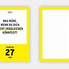 "Was wäre, wenn du dich nicht vergleichen könntest?" Oben "Hotel Matze", unten "Sonntag 27 Juni". Links Text, rechts Punkte.