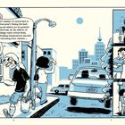 Ein Comic zeigt Menschen in einer Stadt bei extremer Hitze, schwitzend und mit Ventilatorflasche. Ein Auto mit Nummernschild „GZZLR“ ist sichtbar.