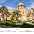 Palermo Kathedrale. Kalender für Dezember. Historische Architektur mit Palmen, einem Brunnen und blauen Himmel.