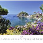 Ischia, Sant Angelo. CASAES EDITION. Kalender zeigt Monat 12, Meerblick mit Insel, blühende Pflanzen, Bäume und Segelboote.