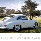 "Porsche 356", Dezember-Kalenderansicht, weißes klassisches Auto auf Wiese, Sonnenlicht durch Bäume im Hintergrund.