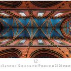 Marienkirche, Krakau, Polen. Dezemberkalender mit bunt bemalter Decke und gotischen Fenstern.
