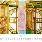 Art Nouveau, Kalenderblatt für Dezember. Zeigt ein reich verziertes Gebäudeinnere mit Glasfenstern und goldenen Verzierungen.