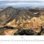 "Landmannalaugar", unten 1-31 nummeriert, Monat 12. Bild zeigt bunte, von Bergen umgebene Landschaft.