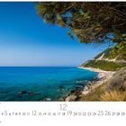 Text: "Lefkada, Küstenlandschaft". Kalenderansicht, Monat 12. Küstenlinie mit blauem Meer, Strand und grünem Pinienbaum.