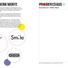 Links oben steht "FORME DEINE WORTE". Darunter beschreibt der Text Ji Lees kreative Kalligrafie. Drei runde Illustrationen zeigen "iDEA", "Smi)e" und "ONDOM". Rechts oben steht "PROBIER ES AUS".