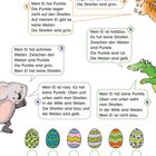 "Jahreszeiten" und "Eiersuche" sind Titel. Textboxen beschreiben Ostereier mit verschiedenen Mustern und Farben.