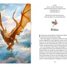 Titel: Ridoc. Beschreibung eines Drachens mit ausgebreiteten Flügeln über einem See, umgeben von Bergen. Textabschnitt rechts.