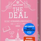 Ein rosa Buchcover mit dem Titel "The Deal: Reine Verhandlungssache" von Elle Kennedy. Eishockey- und Uni-Symbole.