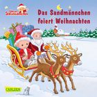 "Das Sandmännchen feiert Weihnachten." Illustration mit Weihnachtsmann und Sandmännchen in einem Rentierschlitten.