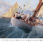 Text "12", Kalender mit Monatsübersicht. Segelschiff in Bewegung auf stürmischer See, Mannschaft an Deck.