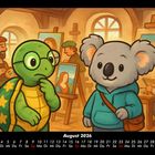 August 2026. Kalender mit Schildkröte und Koala in Atelier, Gemälde im Hintergrund. Jeder Wochentag ist aufgelistet.