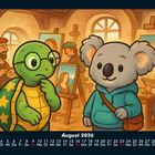 Kalender "August 2026". Illustration mit einer Schildkröte und einem Koala in einem Atelier, Künstler im Hintergrund.