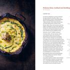 Polenta-Käse-Auflauf mit Kohlkopf. Rezepttext links. Zutaten rechts. Foto eines Auflaufs in einer runden, schwarzen Form.